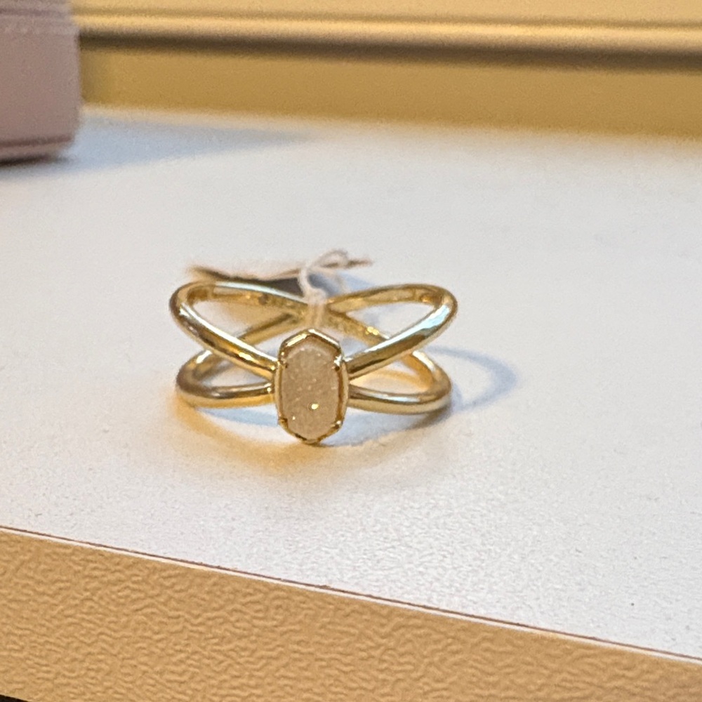 NWT Kendra Scott Emilie Gold Double Band Ring in White Druzy